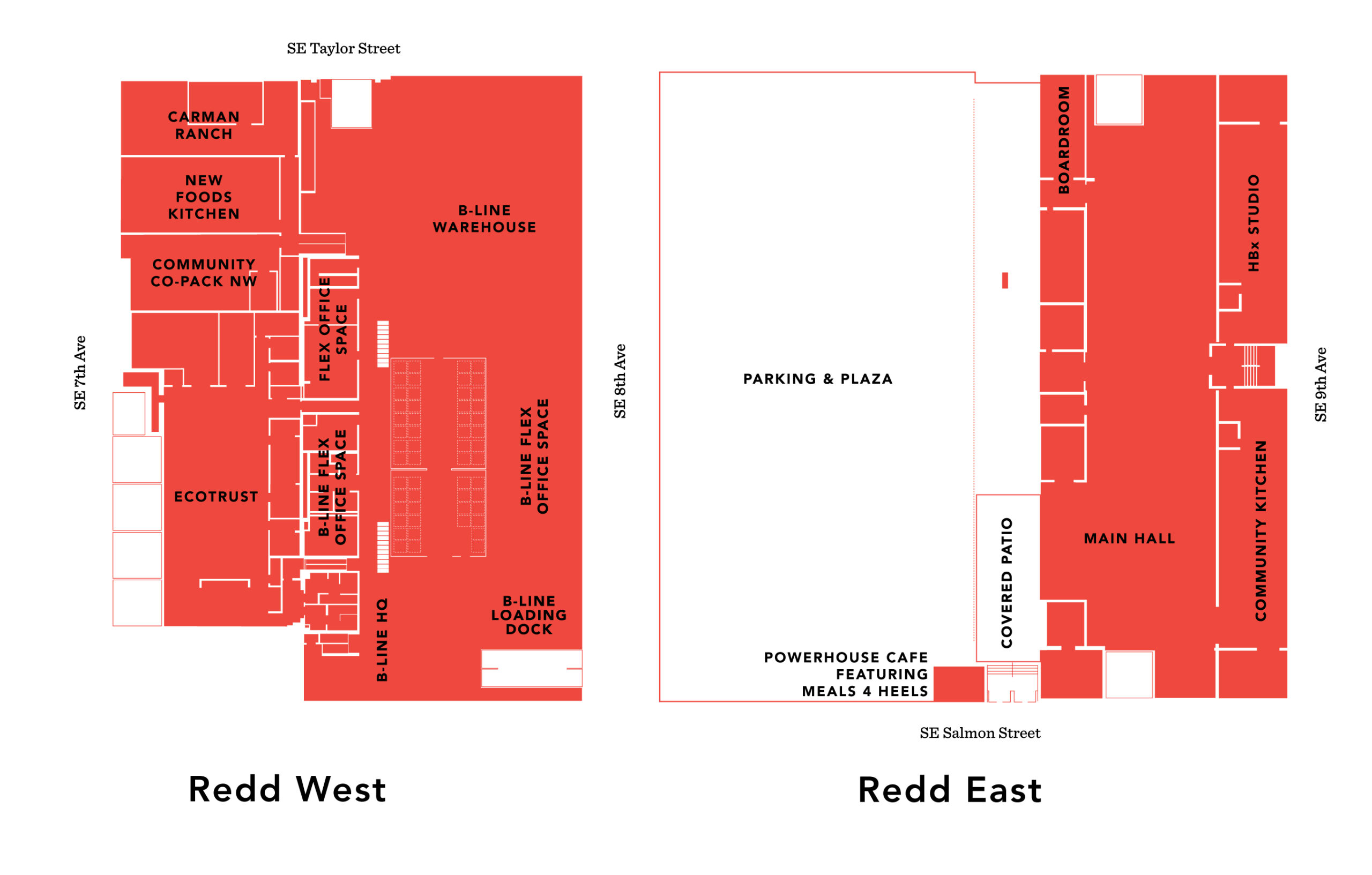 A graphical map in red showing the Redd on Salmon Street campus